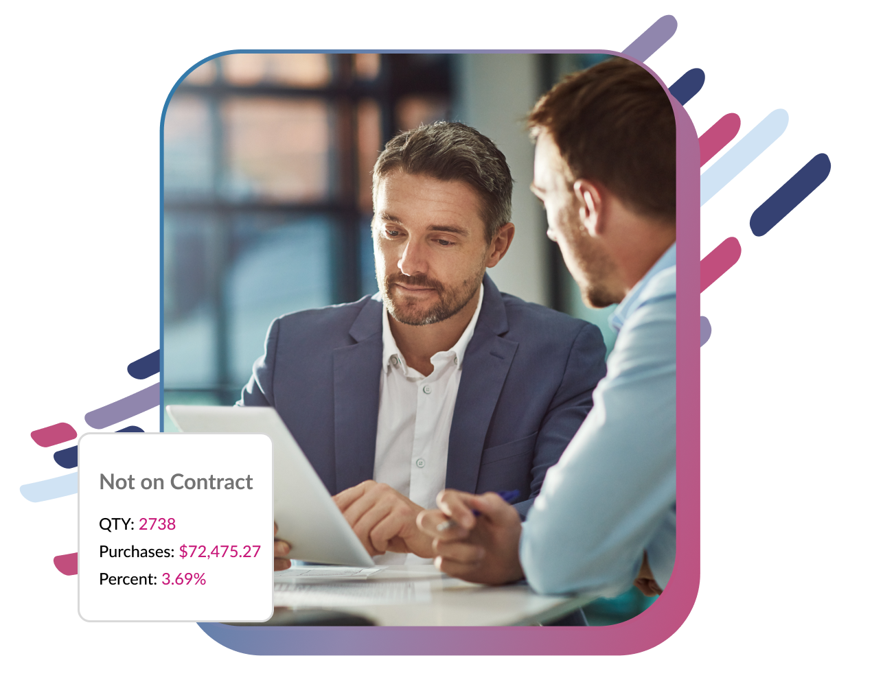Two business men reviewing contacts and rebates