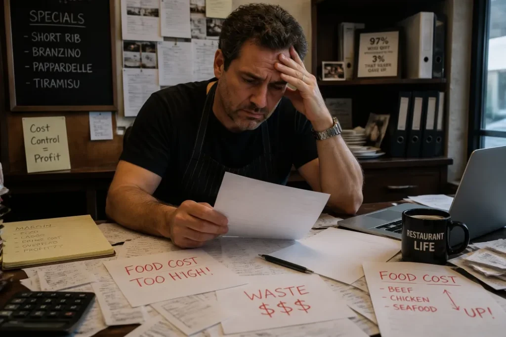 Restaurant operator reviewing invoices and expense reports while dealing with food cost problems.