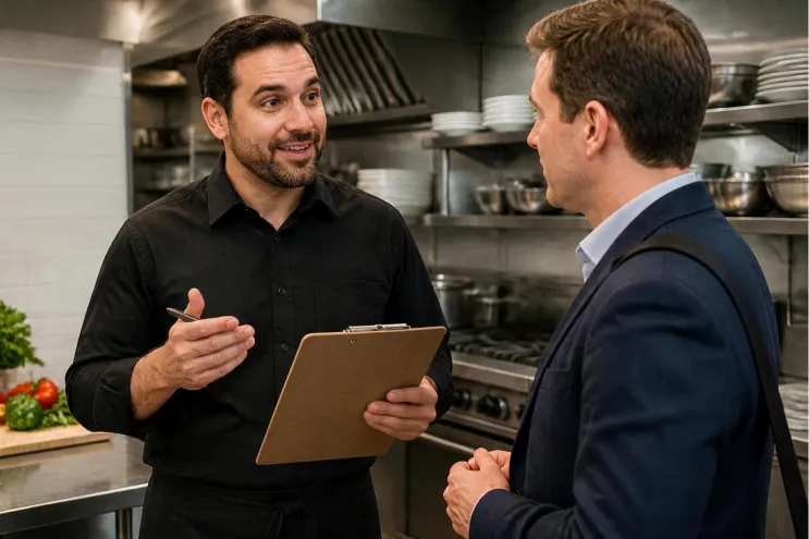 Foodservice professionals discussing an RFP in a commercial kitchen