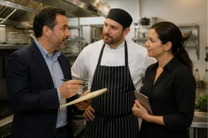 Foodservice manager, chef, and procurement professional reviewing