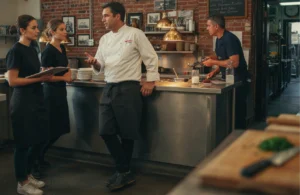 Commercial kitchen manager discussing restaurant inventory and supply operations with kitchen staff
